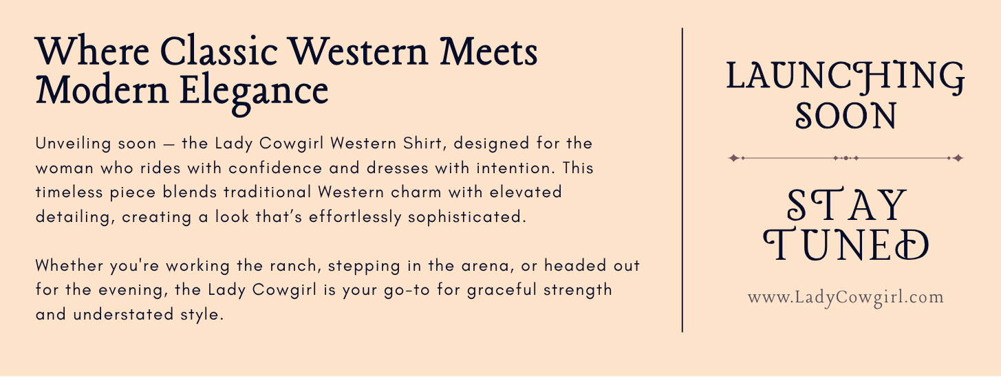 Promotional text for a Lady Cowgirl Western Shirt with a vintage feel on a beige background.